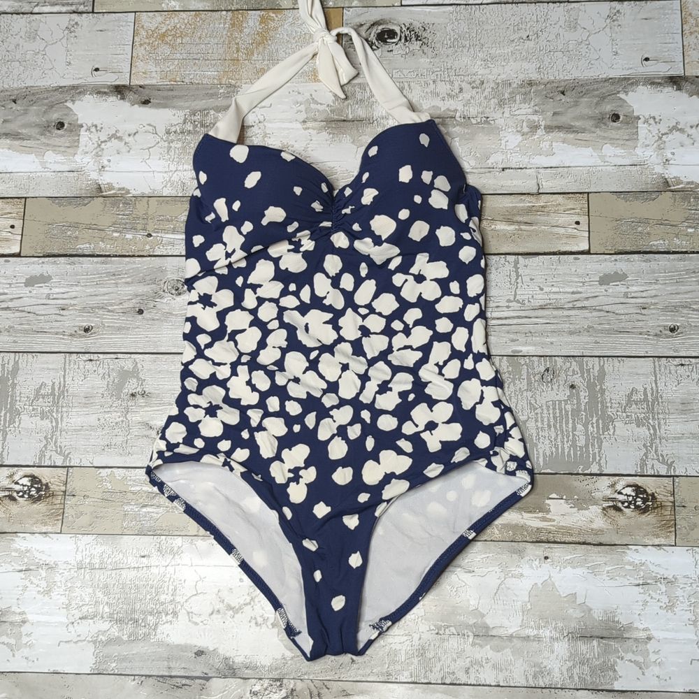 Jolidon ruched underwire halter open back cheeky one piece blue white swimsuit